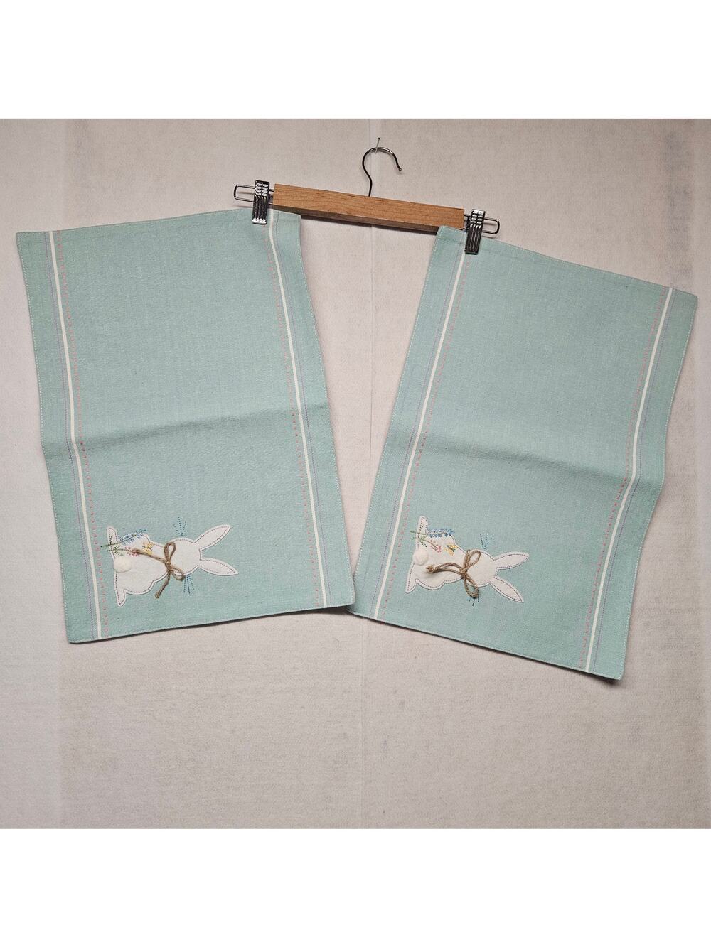 Vintage Easter Bunny Embroidered Placemats Set Mint Green Plaid Checked 2pc